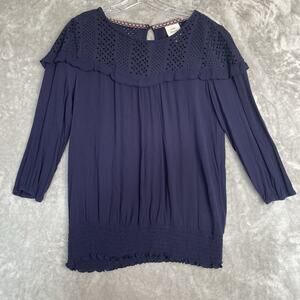 Knox Rose Top Womens Small Relaxed Fit Navy Blue Crochet Boho Peasant Blouse